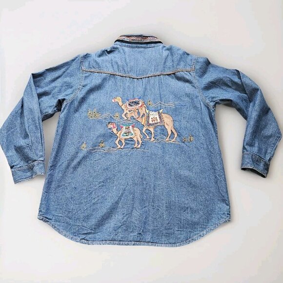 Chico's Design Shirt Womens 2 / L Denim Zip Embellished Embroidery LS Cotton VTG - Picture 14 of 16